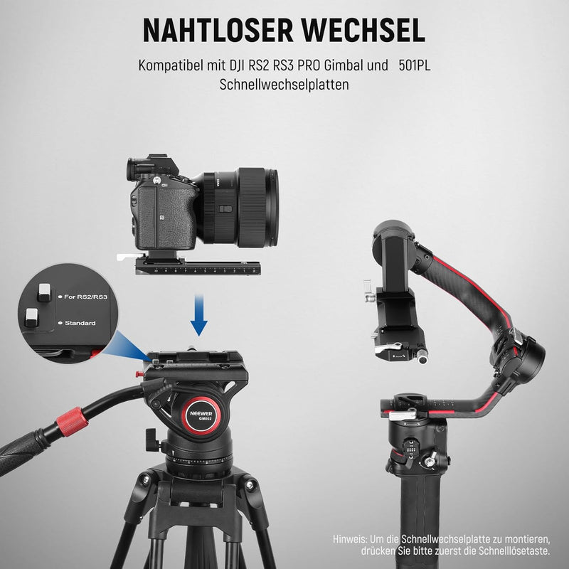 NEEWER Videostativ Fluidkopf mit Schnellwechselplatte, kompatibel mit DJI RS Gimbals Manfrotto, Tele