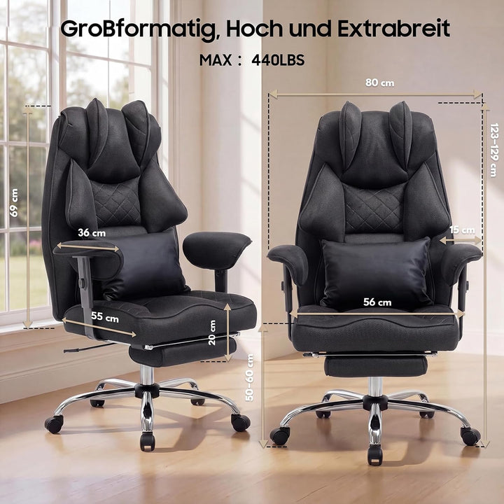 Ergonomischer Bürostuhl 200kg, XXL Chefsessel Fussstütze Homeoffice | XXL Schreibtischstuhl Ergonomi