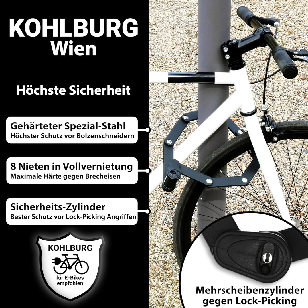 KOHLBURG Sicherheits- Faltschloss - sehr sicheres Fahrradschloss 89cm - Gliederschloss aus gehärtete