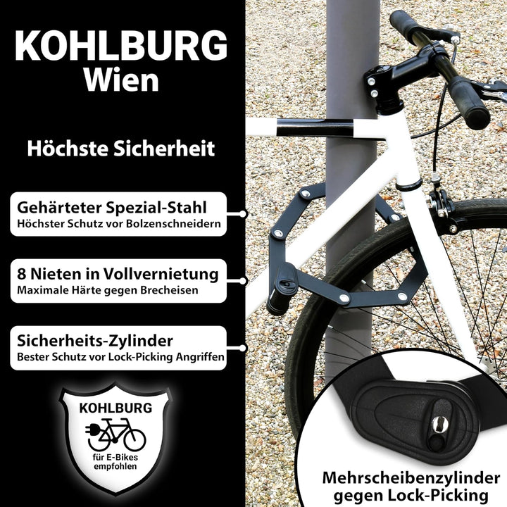 KOHLBURG Sicherheits- Faltschloss - sehr sicheres Fahrradschloss 89cm - Gliederschloss aus gehärtete