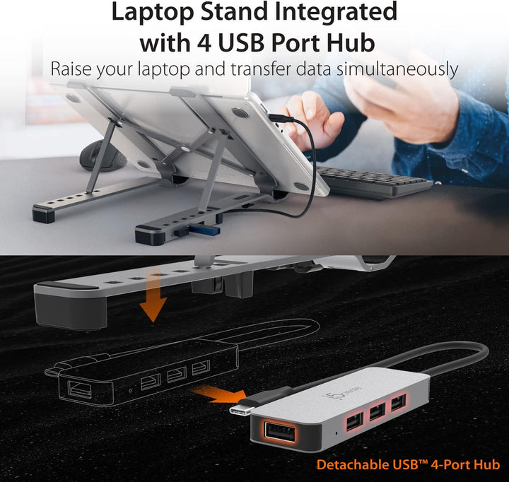 j5create Laptop-Ständer mit USB Hub- Faltbarer Aluminium-, tragbarer Laptop-Ständer mit 4 USB3.2-Ans
