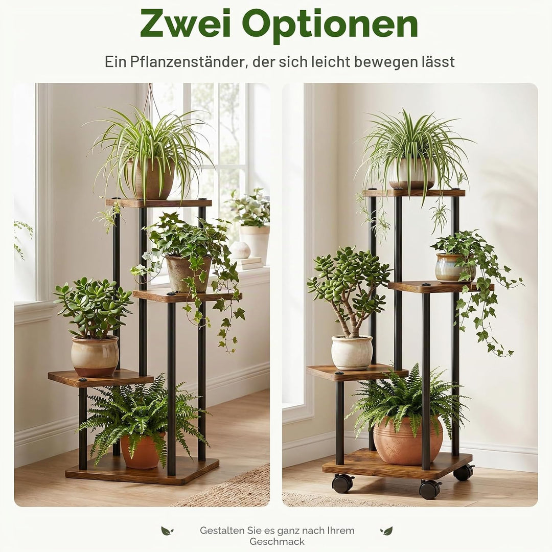 Blumenständer mit Rollen, 4 Etagen Pflanzenständer aus Metall und Holz, Platzsparend Indoor Pflanzen