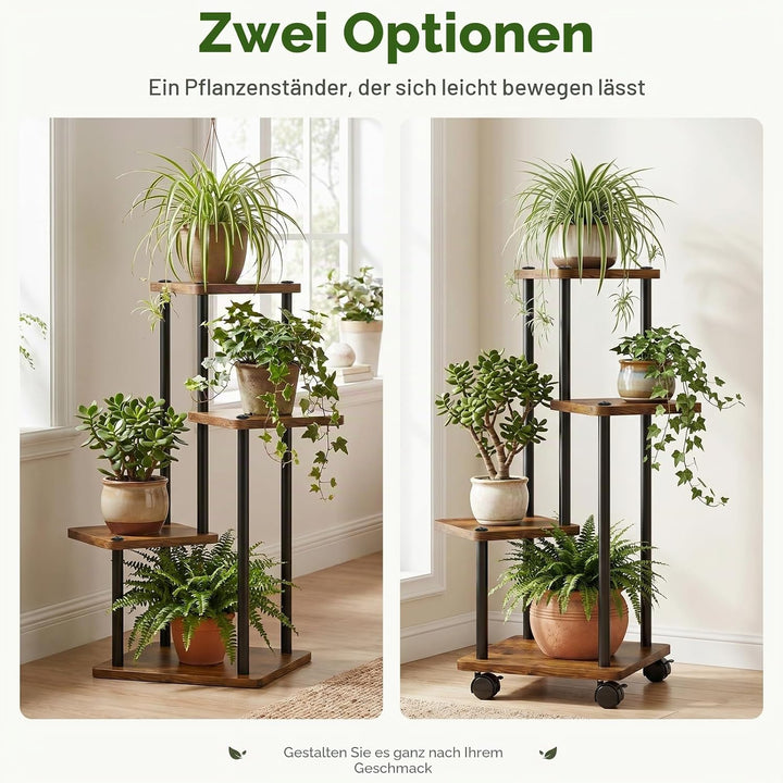 Blumenständer mit Rollen, 4 Etagen Pflanzenständer aus Metall und Holz, Platzsparend Indoor Pflanzen