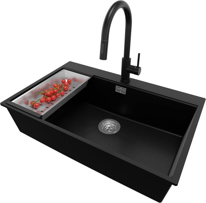 PRIMAGRAN Granitspüle Schwarz 78x50cm, Spülbecken 1 Becken + Ablauf-Set + Küchenarmatur 40x22cm, Küc