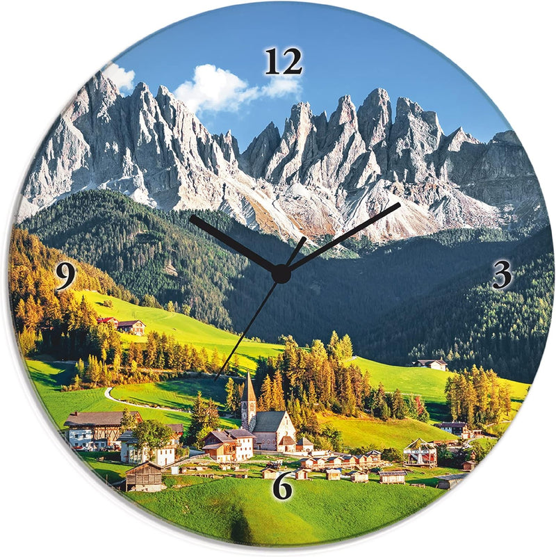 ARTLAND Wanduhr ohne Tickgeräusche Glas Funkuhr Ø 30 cm Rund Lautlos Alpen Landschaft Berge Natur Fr