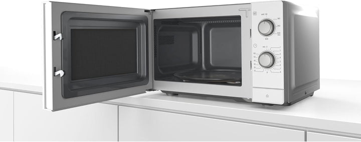Bosch FFL020MW0 Serie 2 Mikrowelle, 26 x 44 cm, 800 W, Drehteller 27 cm, Türanschlag Links, Reinigun