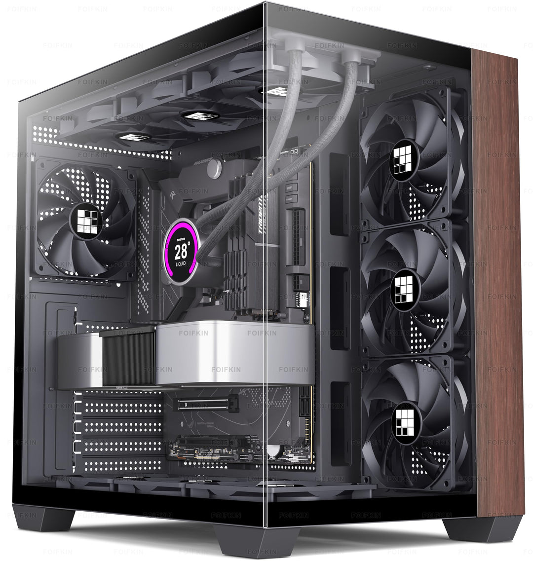 FOIFKIN M9 PC Gehäuse - Walnuss-Frontblende,Vorinstallierte 7 ohne RGB-Lüfter, ATX Mid-Tower Gaming