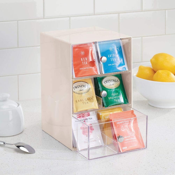 mDesign Küchen Organizer mit 3 Schubladen – Aufbewahrungsbox für Teebeutel, Kaffeepads, Süssungsmitt