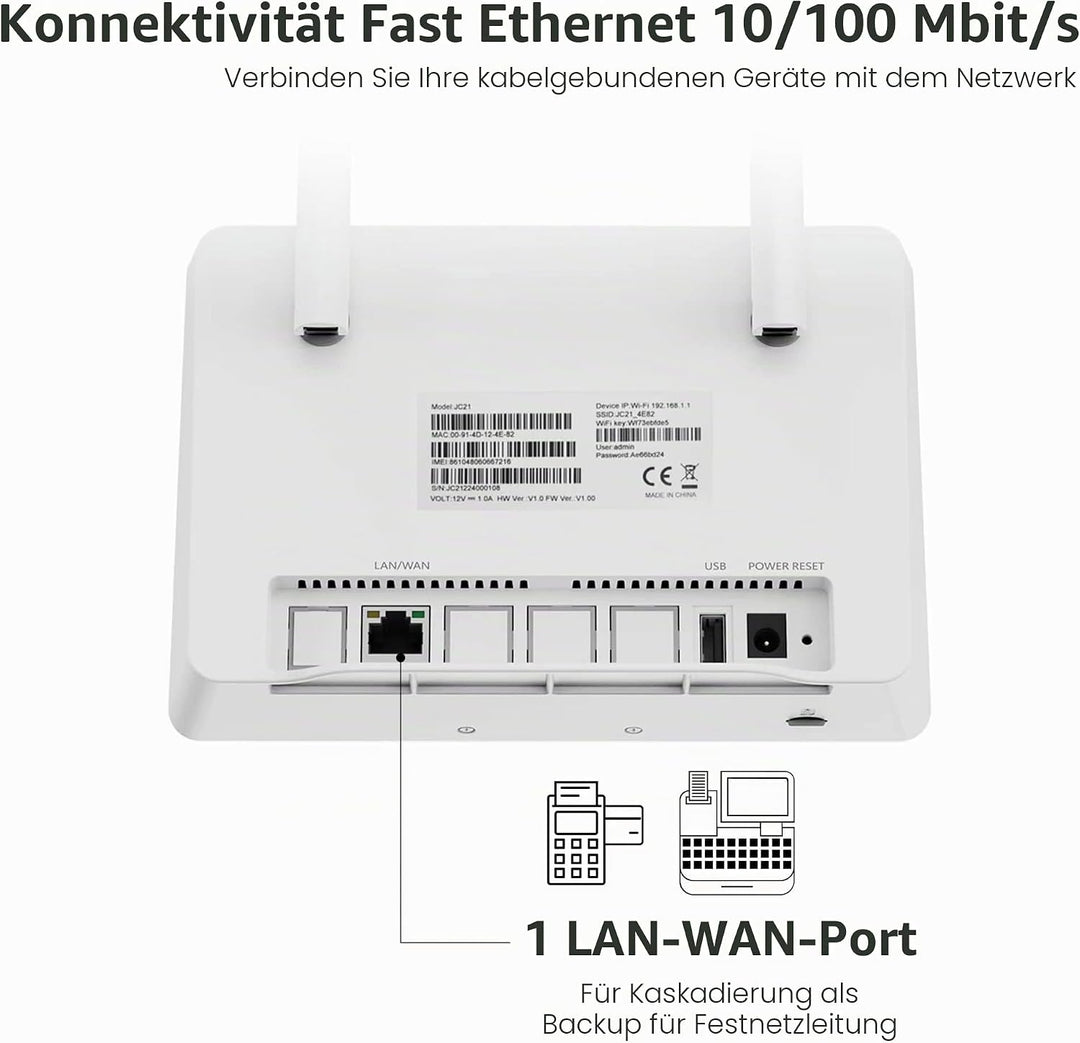 Calonny Router 4G LTE WiFi mit SIM Cat4 300mbit/s Wireless Modem, LAN/WAN -Port, ohne Konfiguration,