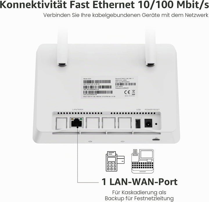 Calonny Router 4G LTE WiFi mit SIM Cat4 300mbit/s Wireless Modem, LAN/WAN -Port, ohne Konfiguration,