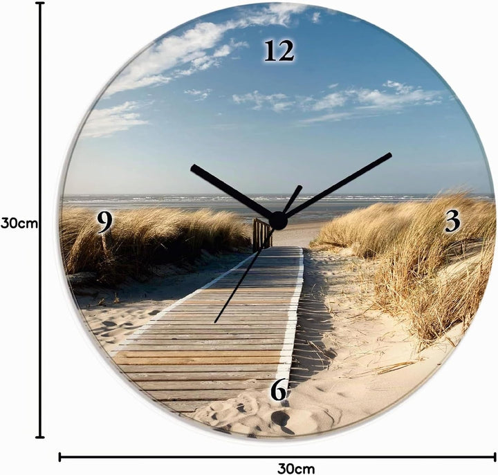 ARTLAND Wanduhr ohne Tickgeräusche Glas Funkuhr Ø 30 cm Rund Lautlos Nordseestrand Langeoog Nordsee