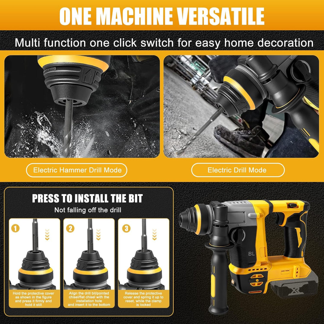 1250W Akku Kombihammer und Bohrlöcher 2-in-1 kompatibel mit DeWalt 20V Akku(ohne Akku),22 mm Bürsten