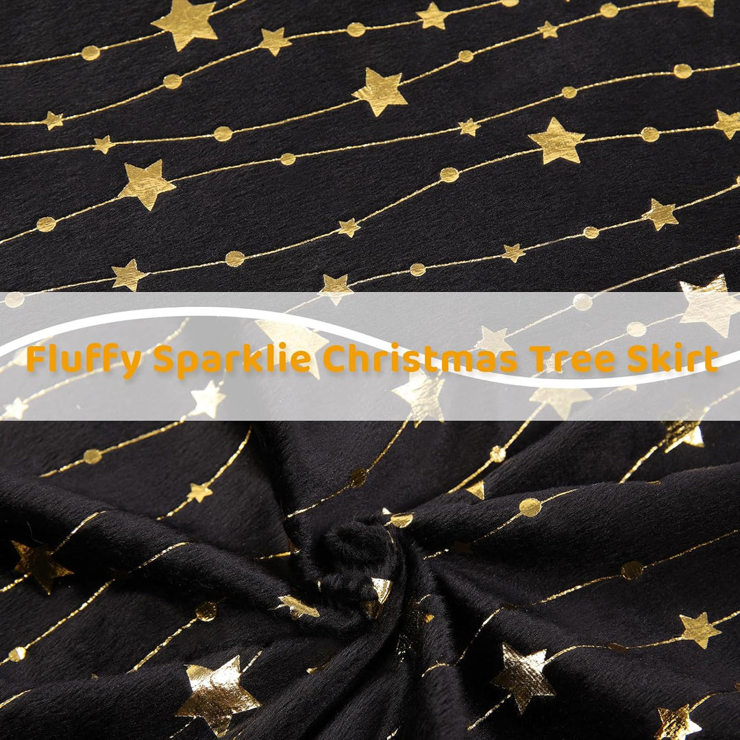 KONVINIT Weihnachtsbaumdecke Rund Schwarz Plüsch Christmasbaumdecke mit Sternen Weihnachtsbaum Rock