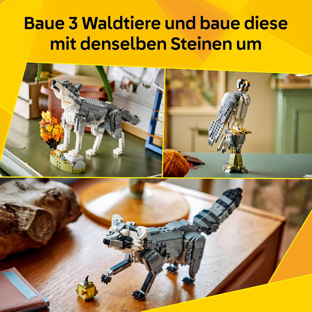 LEGO Creator Waldtiere: Wolf Spielzeug - Tierfigur mit 2 Bauoptionen - Falke oder Waschbär - DIY Dek