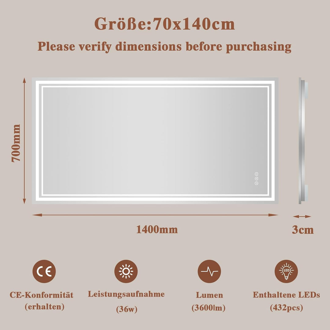 Badspiegel-mit-Beleuchtung 140x70 - LED Badezimmerspiegel mit Bluetooth - Badezimmer Spiegel mit Bel