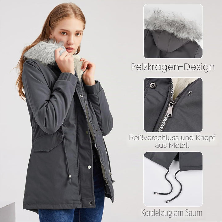 Tuopuda Winterjacke Damen Lang Wintermantel Warm Winter Jacke mit Kapuze Reissverschluss Parka Fleec