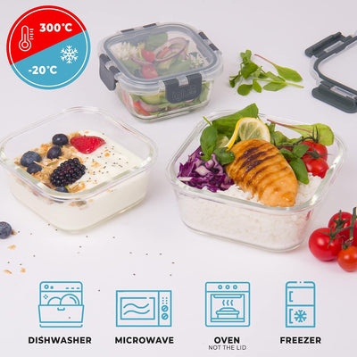 Igluu Meal Prep - Stapelbare quadratische Behälter aus Glas (3 Stück) – BPA-freie auslaufsicherer, l