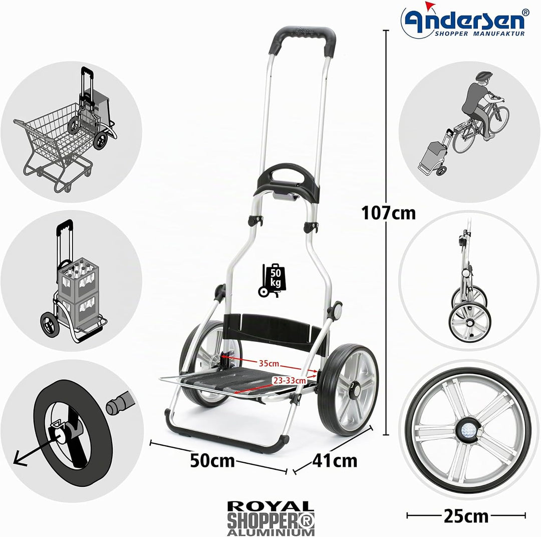 Andersen Shopper Royal mit Kugellager Alu klappbar mit Kugellagerrad Ø 25 cm und 49 Liter Tasche Ort