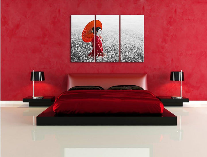 Pixxprint Geisha auf dem Feld als Leinwandbild/Grösse: 3 Teilig (120x80 cm) cm/Wandbild/Kunstdruck/f