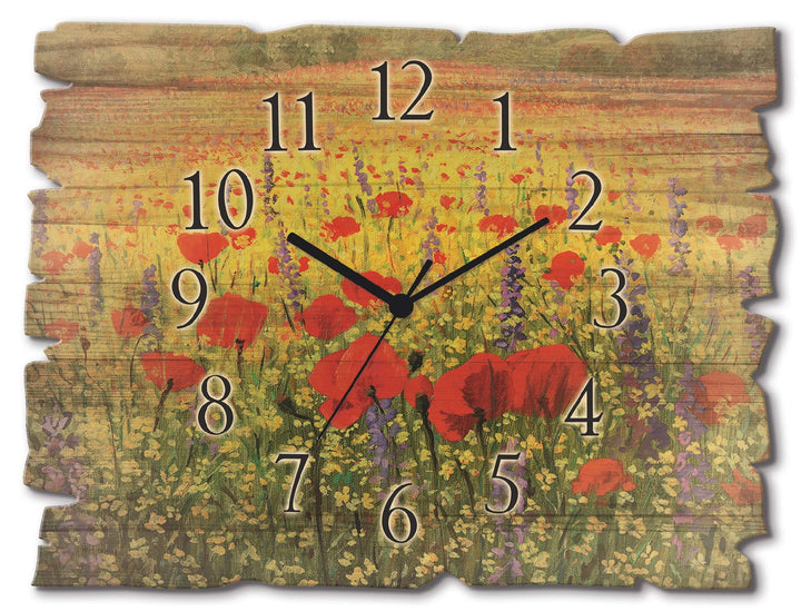 ARTLAND Wanduhr ohne Tickgeräusche aus Holz Quarz Uhr lautlos 40x30 cm Rechteckig Blumenwiese Blumen