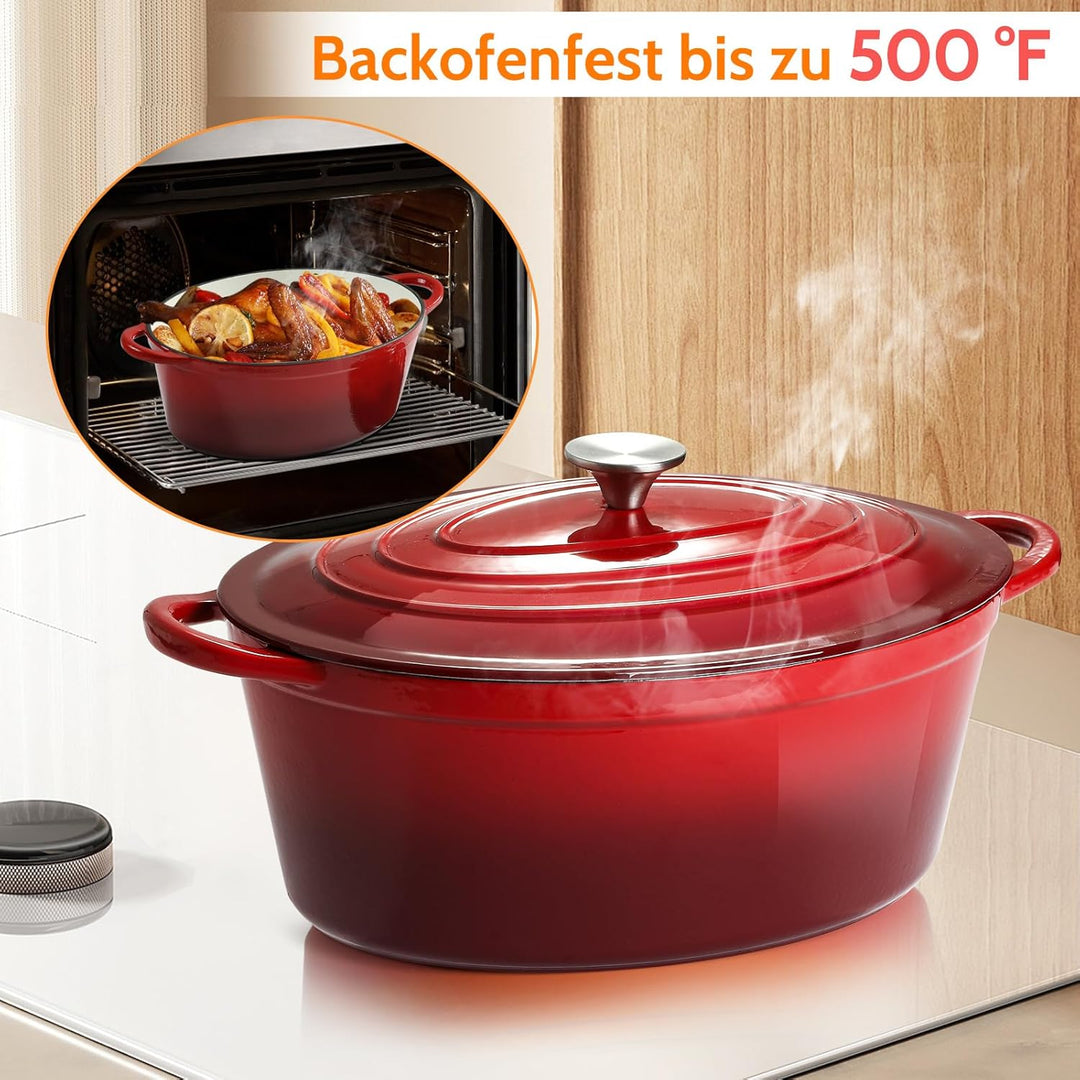 Gusseisen Bräter mit Deckel, Oval Gusseisen Topf 6.6L, Emaille Topf Gross Backofengeeignet, Schmorto