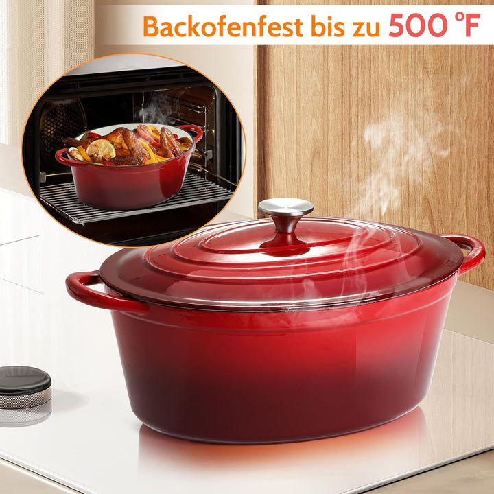 Gusseisen Bräter mit Deckel, Oval Gusseisen Topf 6.6L, Emaille Topf Gross Backofengeeignet, Schmorto