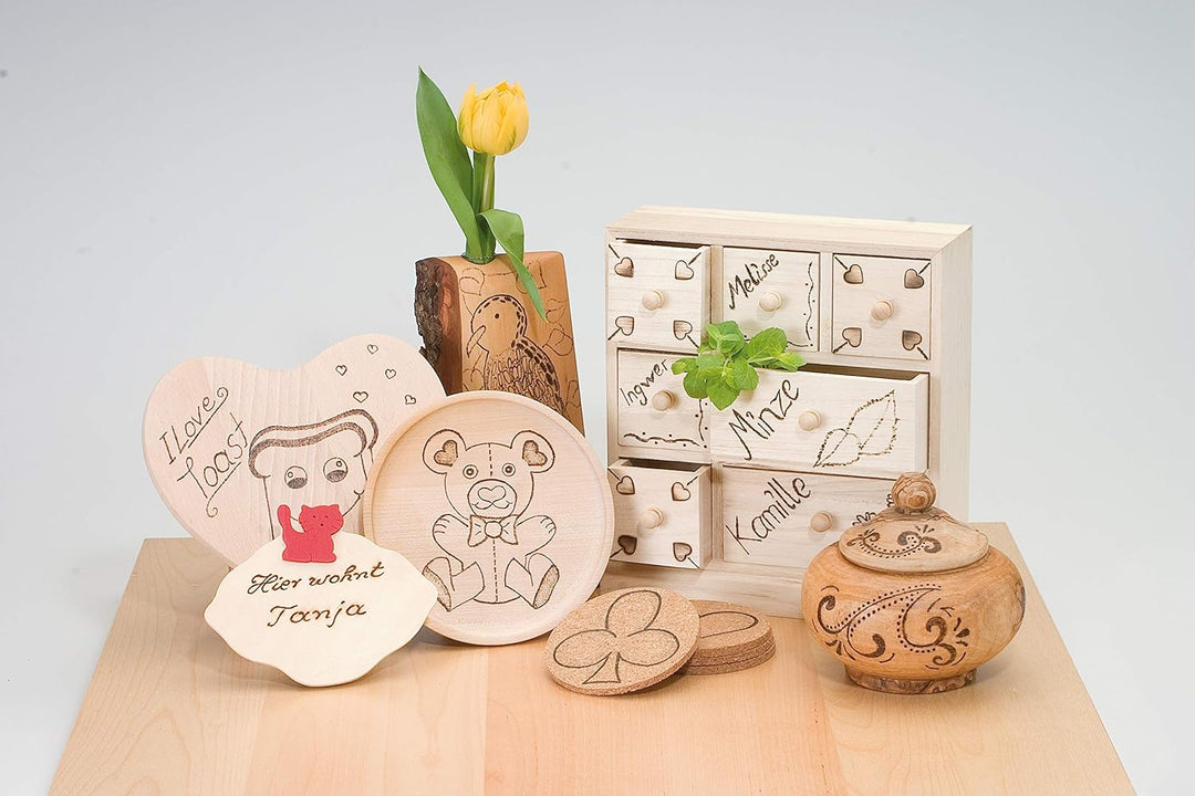 Pebaro 0266 Brandmalkolben, 6 Brennspitzen, 3 Brennstempel in praktischer Holzbox, Brandmalerei, Pyr