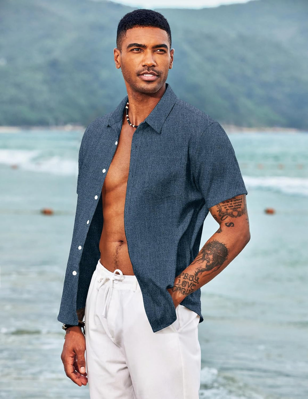 COOFANDY Herren Hemd Kurzarm Leinenhemd Sommer Kurzarmhemd Freizeithemd Businesshemd Strandhemd Einf