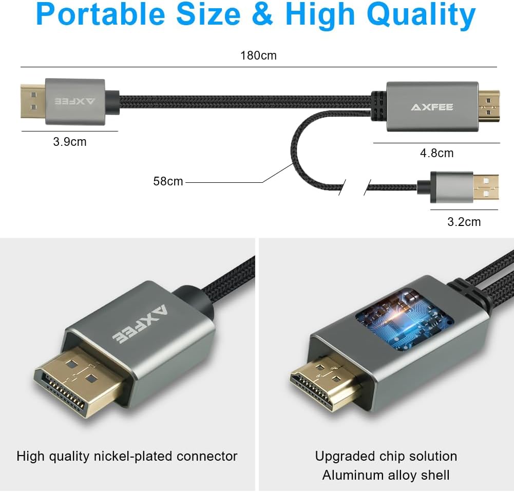 AXFEE HDMI auf DisplayPort Adapter, 1.8m 4K@60Hz HDMI auf DisplayPort Stecker Konverter, HDMI Ausgan