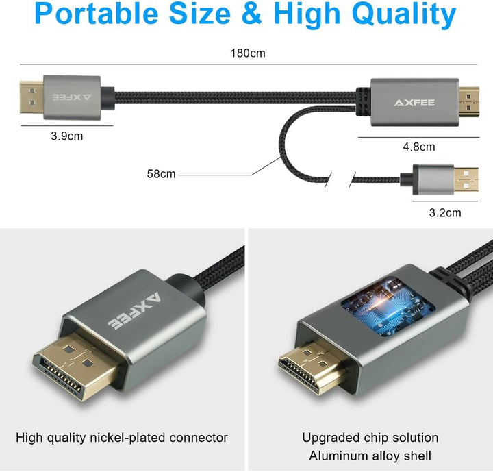 AXFEE HDMI auf DisplayPort Adapter, 1.8m 4K@60Hz HDMI auf DisplayPort Stecker Konverter, HDMI Ausgan