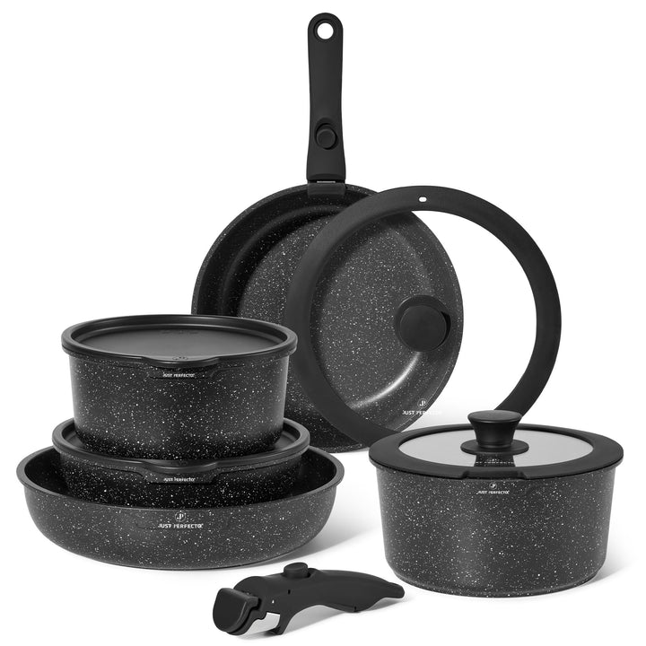 Just Perfecto Töpfe Pfannen 11-Teilig,Topfset Pfannenset mit abnehmbaren Griffen,Pfanne 20/26cm,Topf