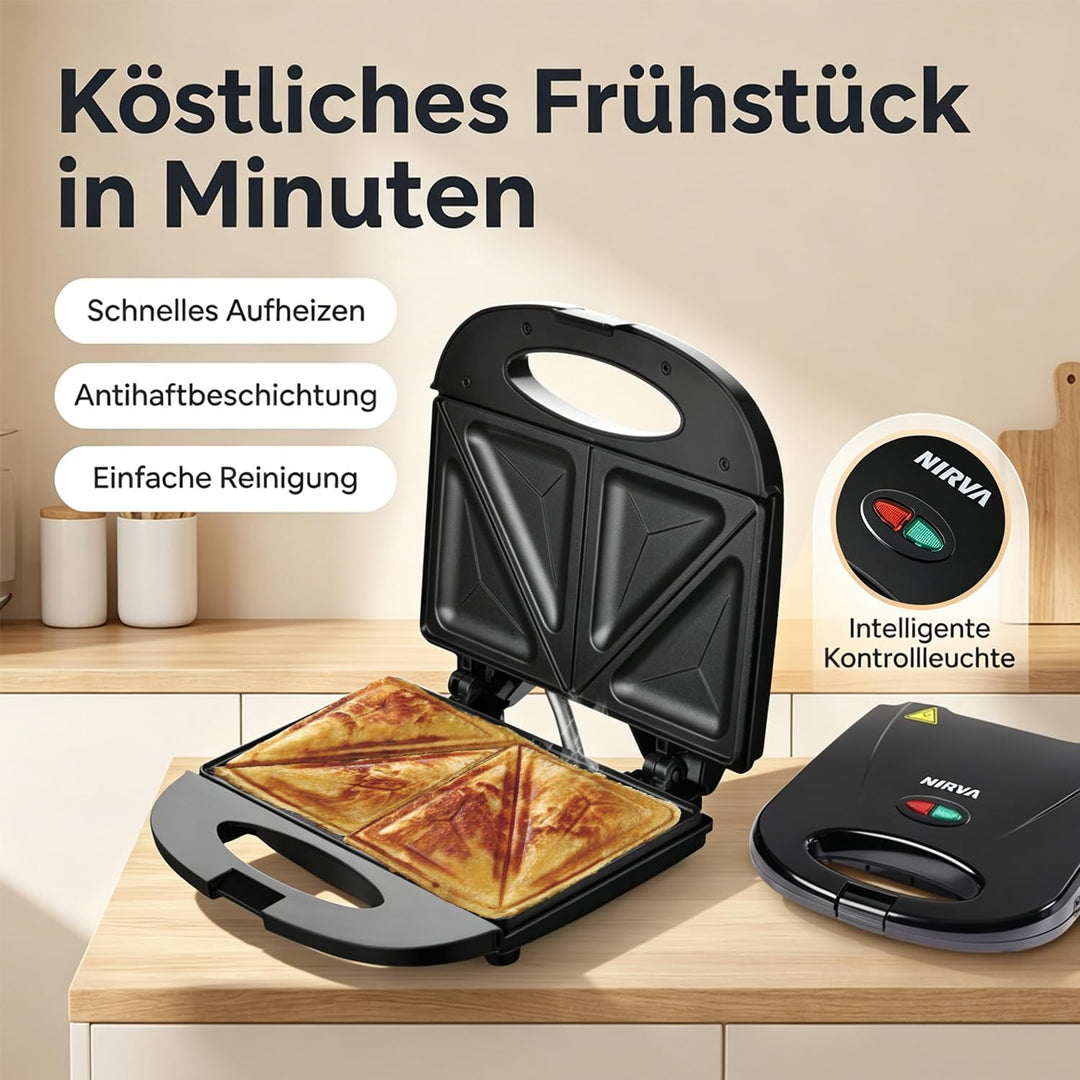 NIRVA 750W Sandwichtoaster für 4 Sandwiches, Sandwichmaker mit Antihaftbeschichtung, Sandwich Maker