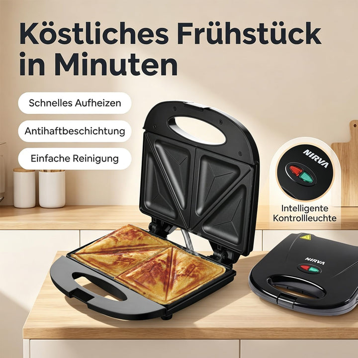 NIRVA 750W Sandwichtoaster für 4 Sandwiches, Sandwichmaker mit Antihaftbeschichtung, Sandwich Maker