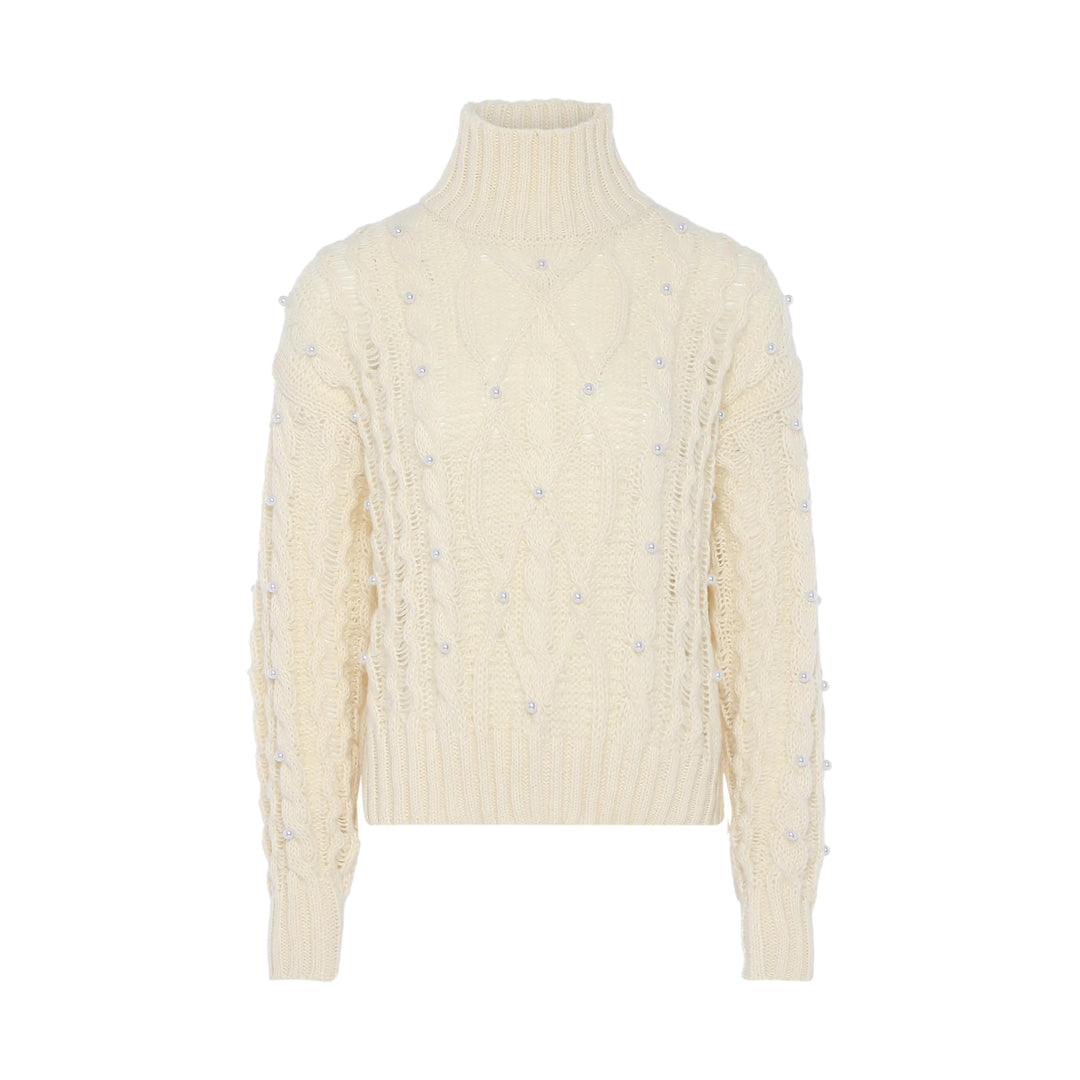 faina Women's Damen Rollkragenpullover mit Langen Ärmeln und Perlenverzierung Polyester WOLLWEISS Gr