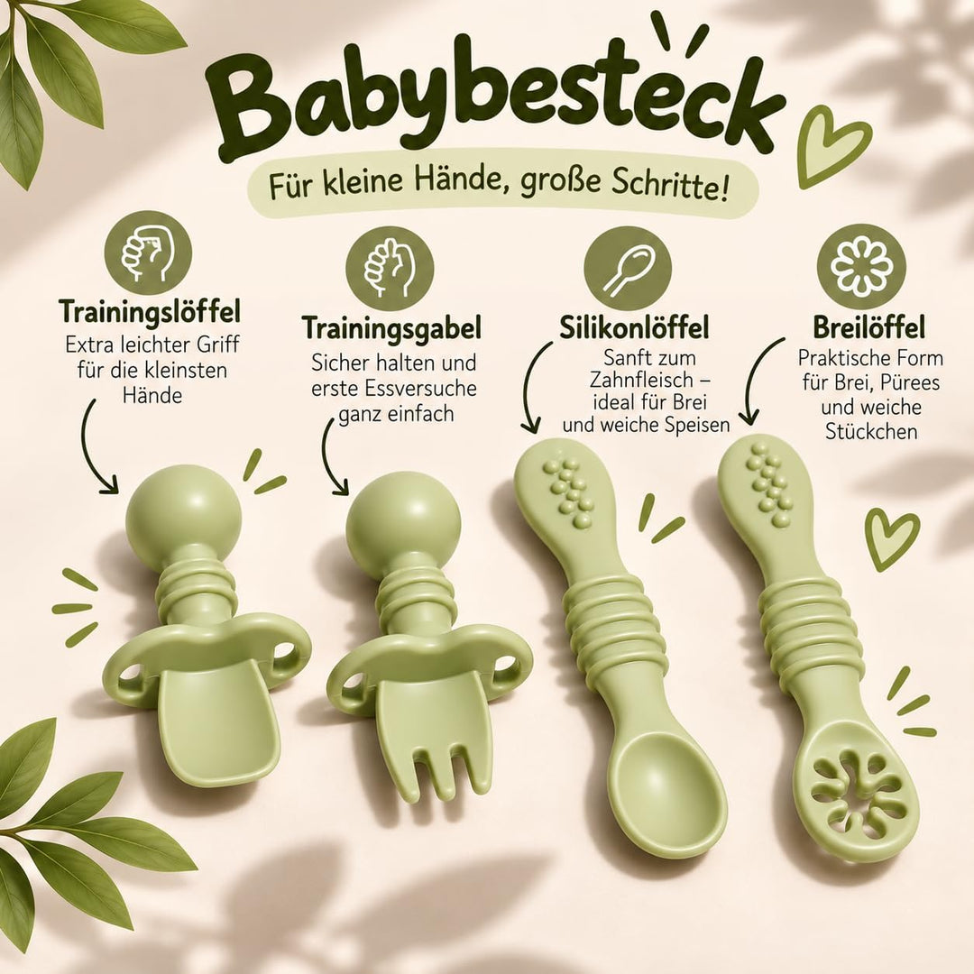 Baby Geschirr Set aus Silikon mit Saugnapf Salbeigrün, Salbeigrün