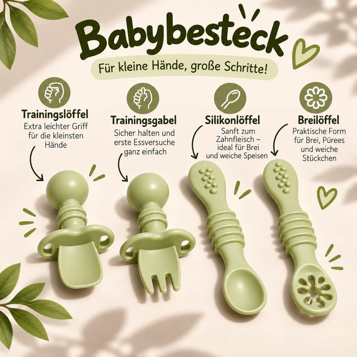 Baby Geschirr Set aus Silikon mit Saugnapf Salbeigrün, Salbeigrün