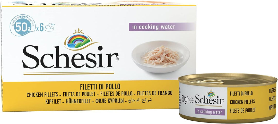 Schesir Cat Natural Hühnerfilet, Katzenfutter nass im eigenen Saft, 8 x 6 Dosen x 50 g Natural Hühne