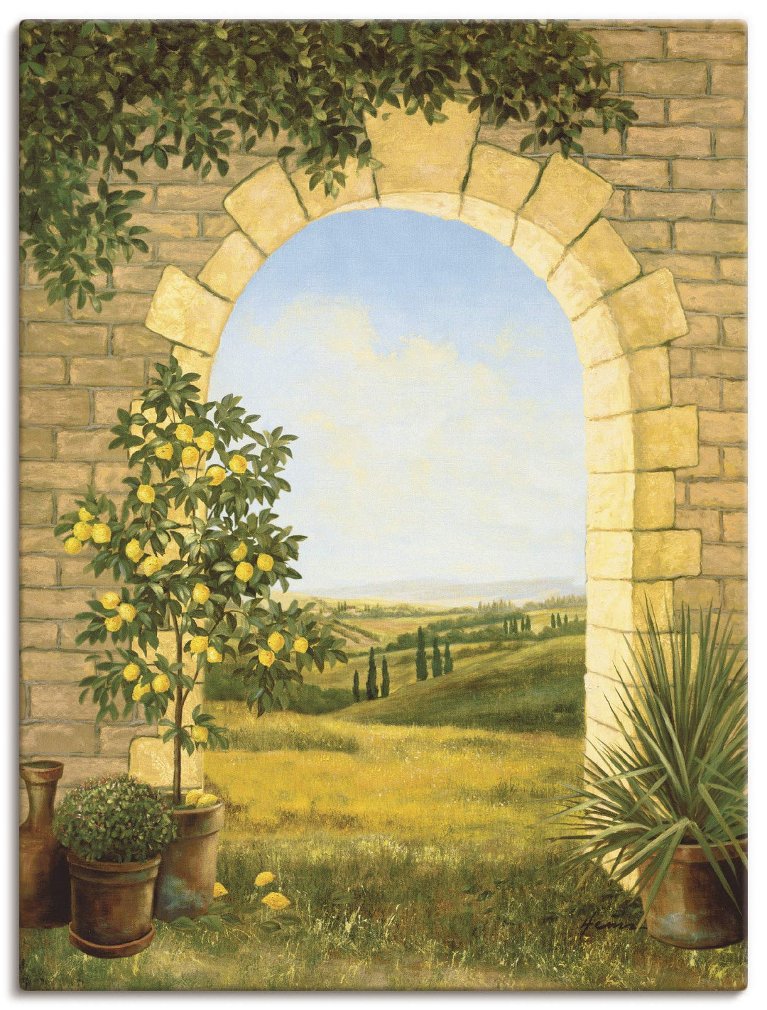 Artland Leinwandbild Wandbild Bild auf Leinwand 60x80 cm Wanddeko Fensterblick Toskana Landschaft Na