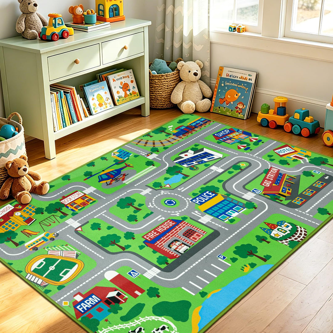Capslpad Kinder Teppiche Spielteppich für Kinder Stadt 100x160 cm rutschfest Kinderteppich Spielmatt
