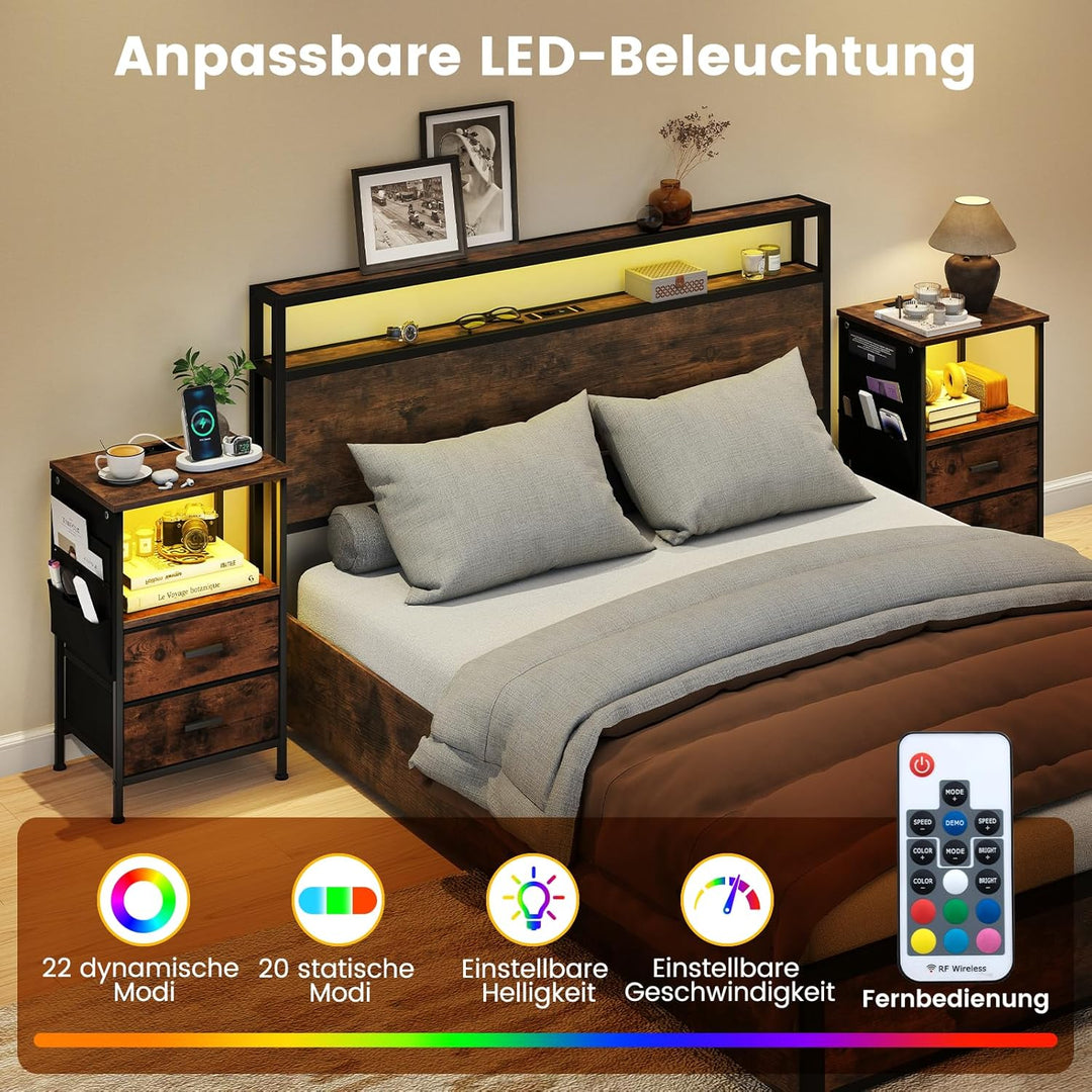 COSTWAY Nachttisch mit LED und Ladestation, 2er Set Beistelltisch mit 2 Schubladen & Seitentaschen,