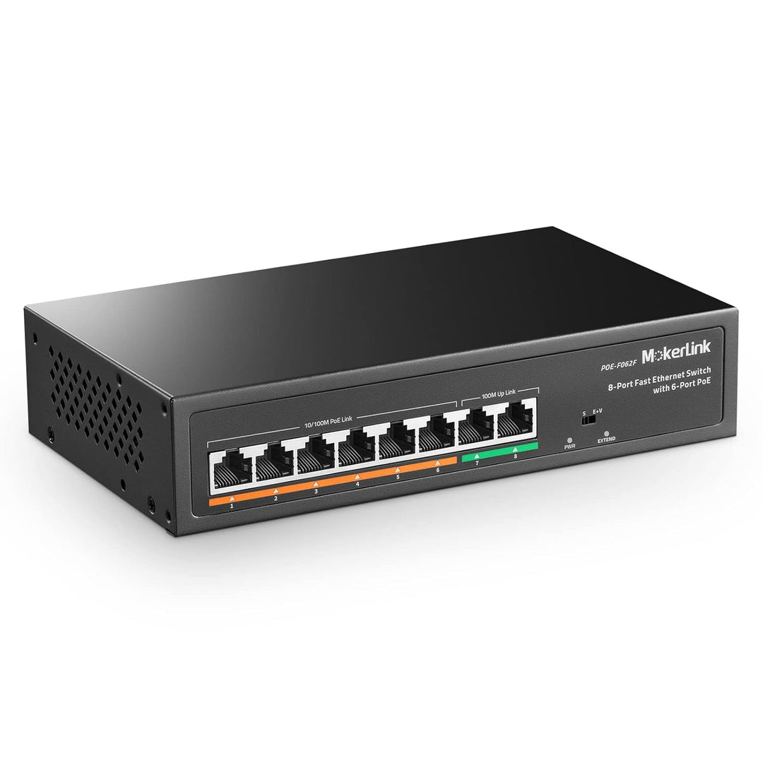 MokerLink 8 Port PoE Switch mit 6 PoE+ Port, 2 Uplink, 100Mbps, IEEE802.3af/at 78W AI Erkennung, Lüf