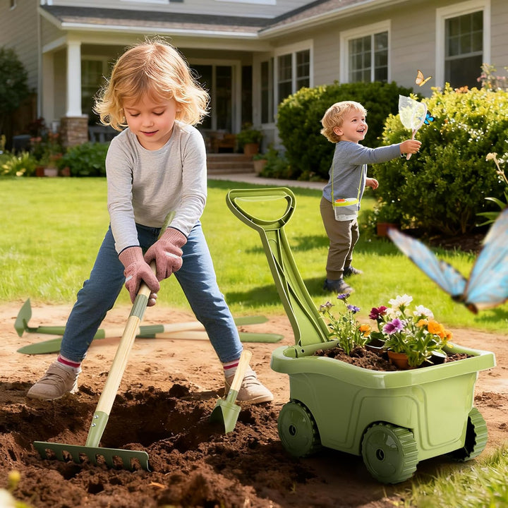 Dreamon Kinderschubkarre Garten Set mit Werkzeugen & Insekten-Entdecker Set – 17 PCS Entdecker- Schu