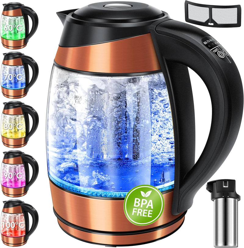 KESSER® Wasserkocher 1,8L Edelstahl mit LED Beleuchtung-Farbe je nach Temperaturwahl 60, 70, 80, 90,