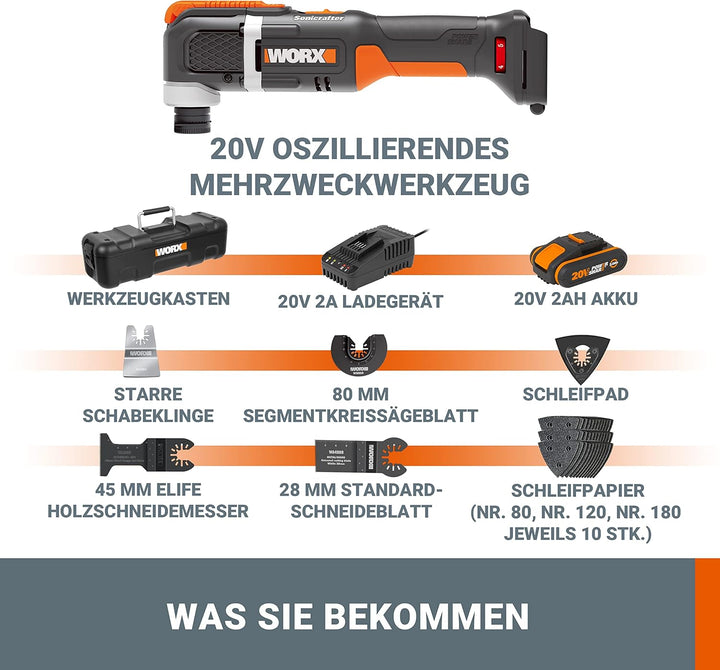 WORX WX696 Akku-Multifunktionswerkzeug – Elektrisches 20V Werkzeug zum Schneiden, Sägen, Schleifen &