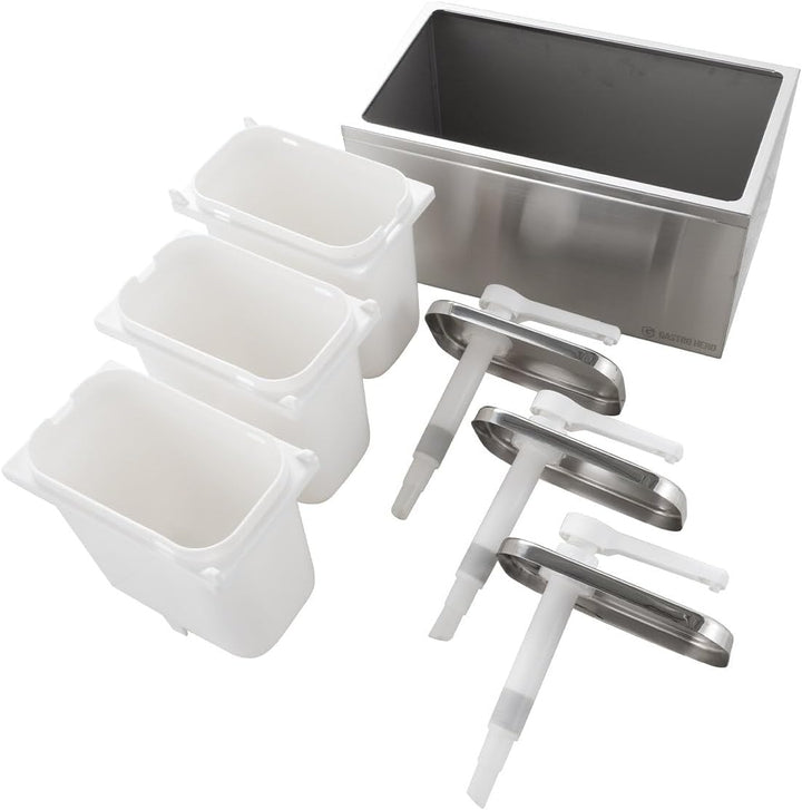 GastroHero Saucenspender 3x 2 Liter – Edelstahl Dosierpumpe & PP-Behälter für Ketchup, Mayonnaise, D