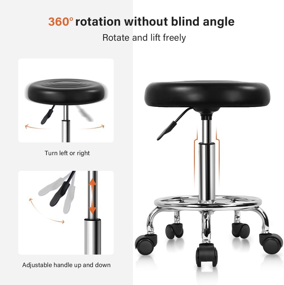 KKTONER Rollhocker höhenverstellbar 49-64cm mit Fussstütze drehbar aus Kunstleder Schwarz