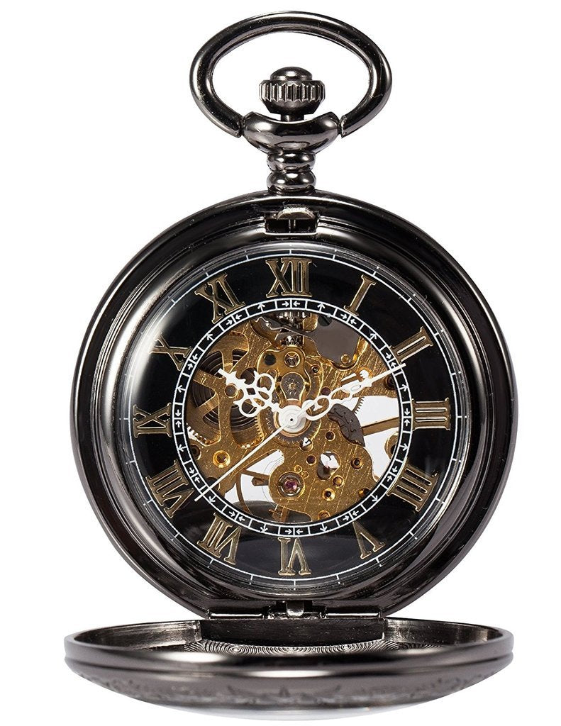 TREEWETO Unisex Taschenuhr mit Kette Analog Handaufzug Antik Skelett Lupe Schwarz