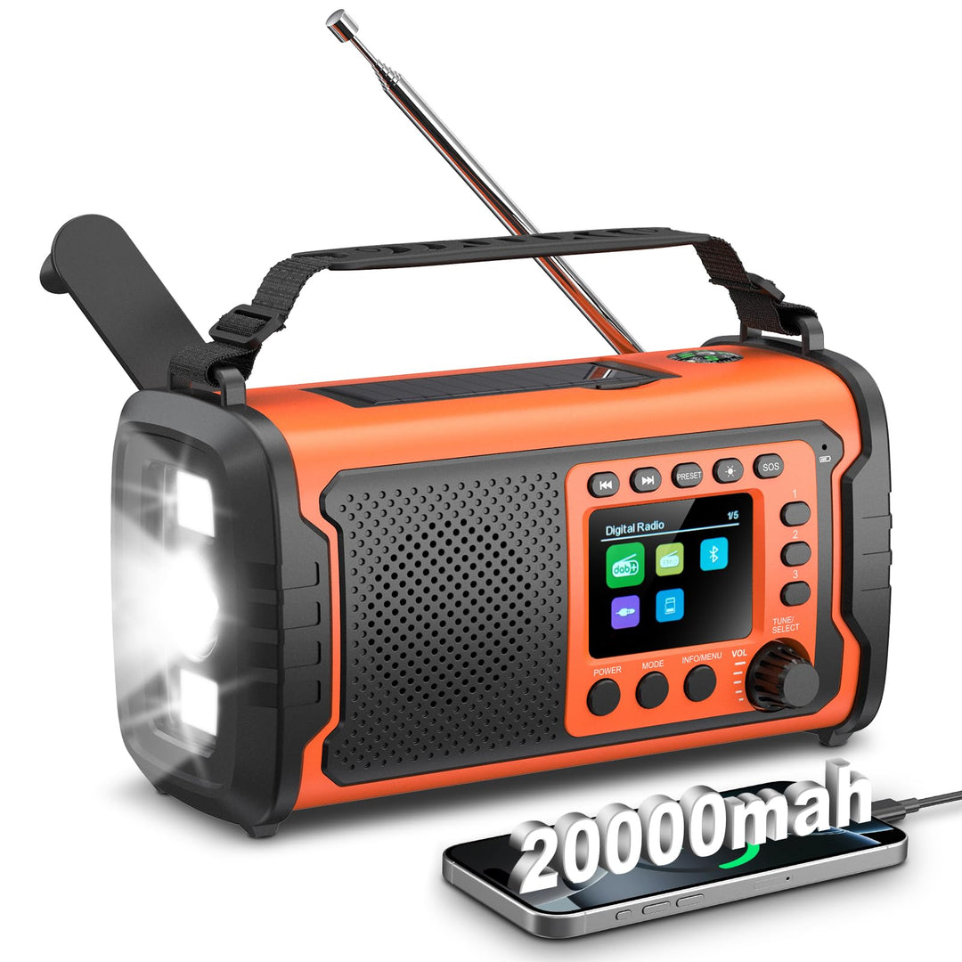 20000mAh DAB+/FM Notfallradio mit Powerbank – Tragbares Solar- & Kurbelradio mit Bluetooth 5.3, SOS,