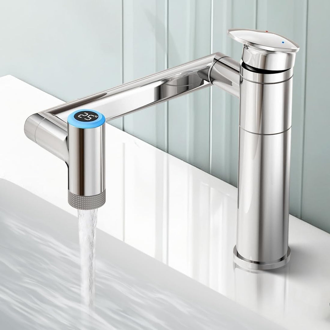 Wasserhahn Bad mit Temperaturanzeige(Batterielos), 1080° Drehbare Waschtischarmatur, Höhenverstellba