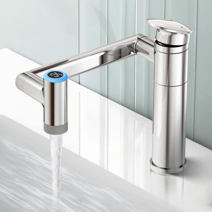 Wasserhahn Bad mit Temperaturanzeige(Batterielos), 1080° Drehbare Waschtischarmatur, Höhenverstellba